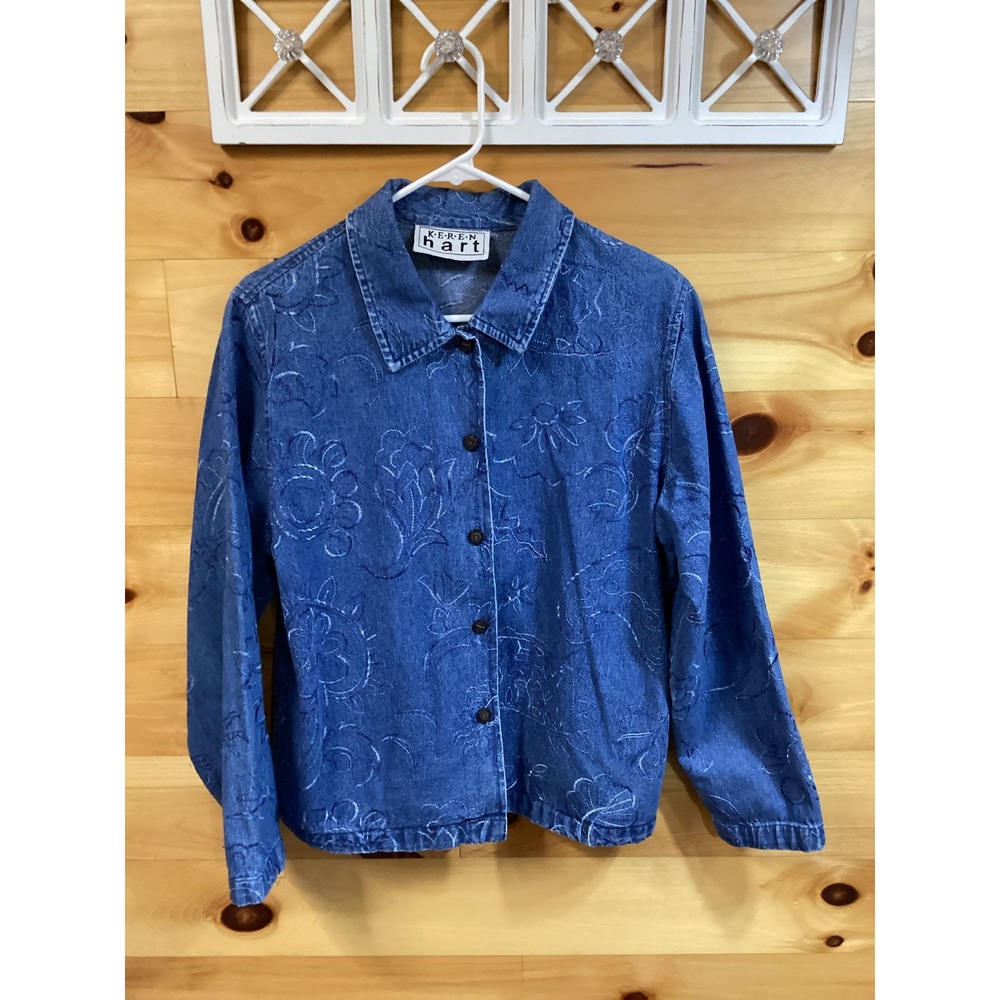 Keren Hart Women Blue Denim Embroidered Floral Button Front Jacket Boho Medium